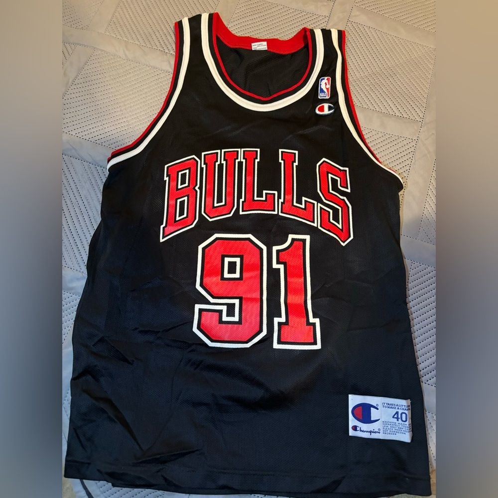 VINTAGE 90s Dennis Rodman #91 Chicago Bulls Champion Jersey Mens 40 Black USA